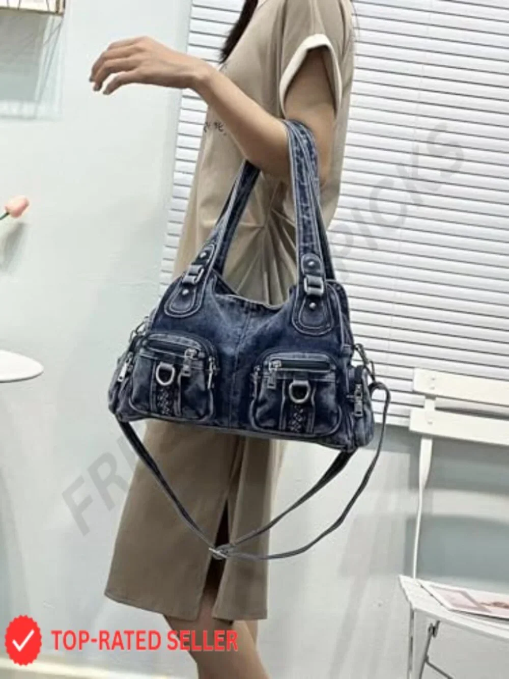 Denim Hobo Handbag with Crossbody Strap - Spacious Women's Tote
